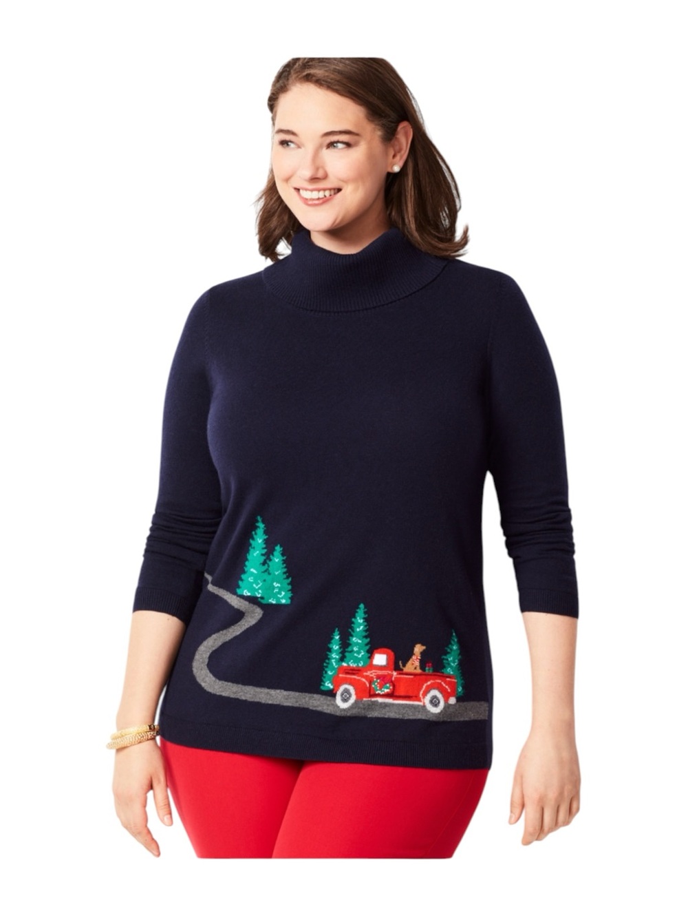 Talbots Holiday Novelty Sweater MP Petite Red Truck Lambswool Cowl Neck NWT